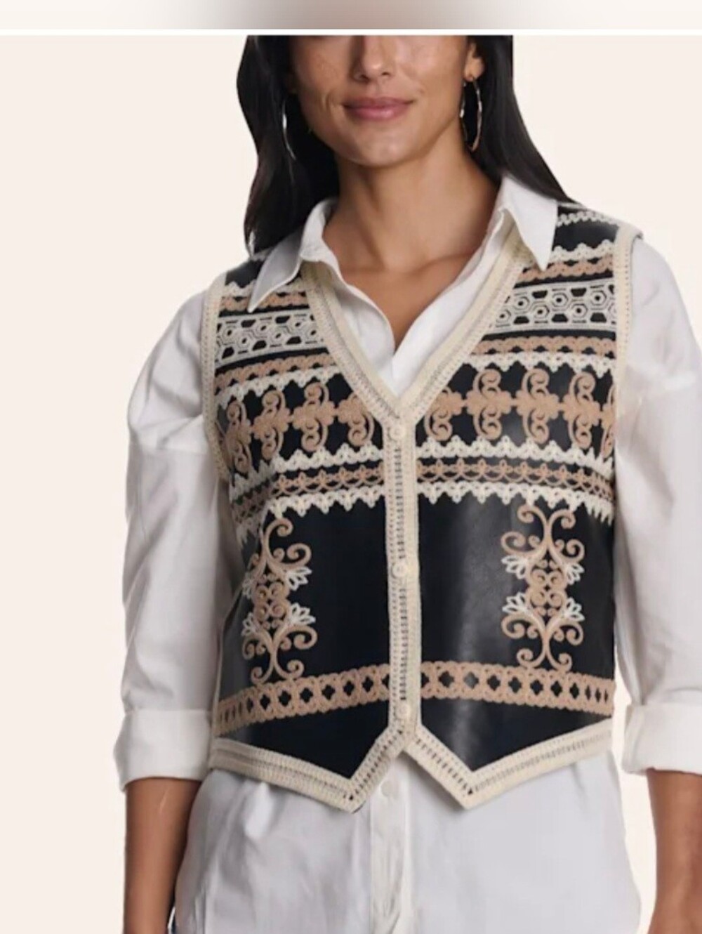 Merigold Kiss Women's Black Embroidered Leather Vest